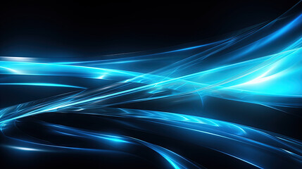 Wall Mural - Abstract blue neon light trails and digital waves on dark background for tech and business design themes.