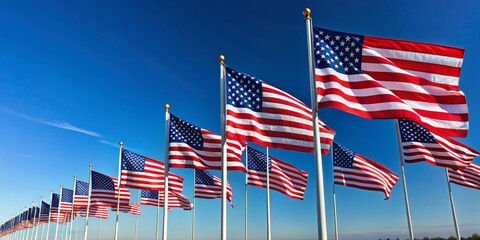 American Flags Waving in the Wind, Low Angle Perspective, A row of American flags waving in the wind against a bright blue sky, USA, patriotism, freedom, national pride