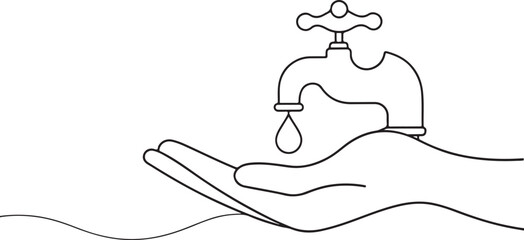 
hand holding a faucet continuous one line art drawing, vector illustration
