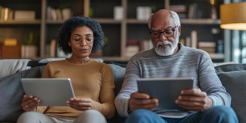 Aufkleber - Two adults sitting on a couch with tablets in hand, learning a new language together with focus and determination shared learning journey