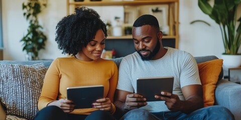 Aufkleber - Two adults sitting on a couch with tablets in hand, learning a new language together with focus and determination shared learning journey