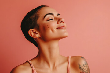 A close up of a woman's face with tattoos and her eyes closed