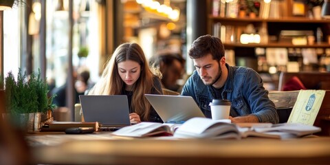Aufkleber - Two adult learners in a quiet coffee shop studying for an exam with laptops, books, and coffee cups around them relaxed but focused atmosphere