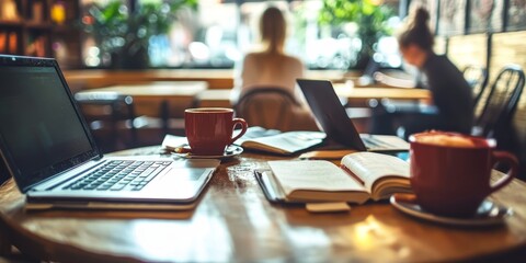 Aufkleber - Two adult learners in a quiet coffee shop studying for an exam with laptops, books, and coffee cups around them relaxed but focused atmosphere