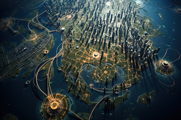 Wall Mural - Futuristic city aerial view at sunny day. Round structure of sci-fi metropolis from the bird view