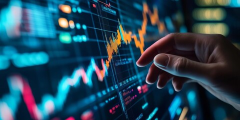 Wall Mural - a hand interacting with a virtual stock market screen, symbolizing digital trading