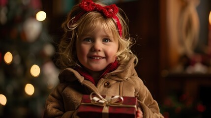 A blond boy in a winter coat holding a gift box happily on the day of the celebration, an important holiday event