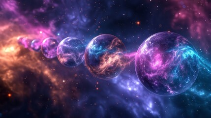 Wall Mural - Floating Aurora Spheres: Spheres glowing with aurora colors, floating gently in a cosmic void.