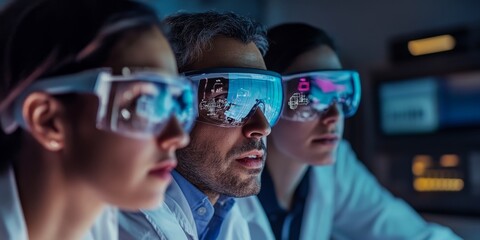 Three researchers in a close-up shot examining detailed 3D models on holographic displays in a cutting-edge tech lab intense and serious expressions