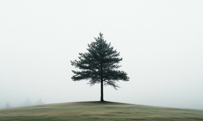 Wall Mural - a lone tree stands on a hill in a foggy field. the tree is bare and has no leaves, but it is still a