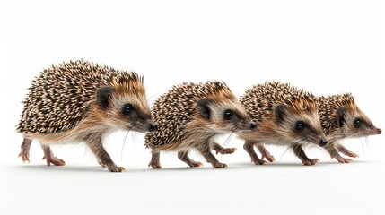 Curious Hedgehog Family Unity - Adorable spiky creatures exploring together isolated on white background, demonstrating curiosity and togetherness.