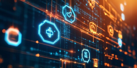 Wall Mural - a digital interface featuring blockchain icons, symbolizing the emerging economic structure