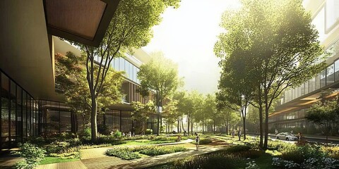 Wall Mural - an urban park with sustainable architecture, showcasing an eco-friendly economy
