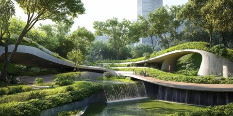 Wall Mural - an urban park with sustainable architecture, showcasing an eco-friendly economy