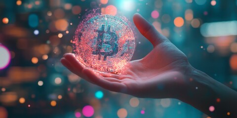 Wall Mural - a hand holding a holographic digital currency, representing the rise of cryptocurrencies
