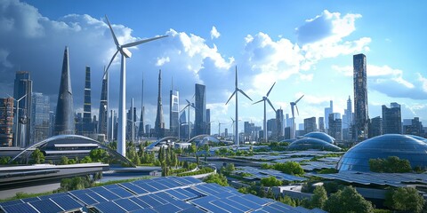 Wall Mural - a modern city with wind turbines and solar panels, highlighting renewable energy