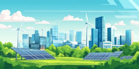Wall Mural - a modern city with wind turbines and solar panels, highlighting renewable energy