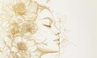 © panumas - A woman's face is drawn with flowers on it. The flowers are gold and the woman is smiling. The image has a peaceful and calming mood