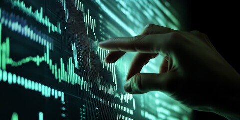 Wall Mural - a hand interacting with a virtual stock market display, representing digital trading