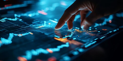 Wall Mural - a hand interacting with a virtual stock market display, representing digital trading