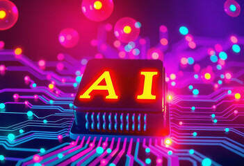Poster - AI word on microchip and colorful light spread with strong beam , AI concept