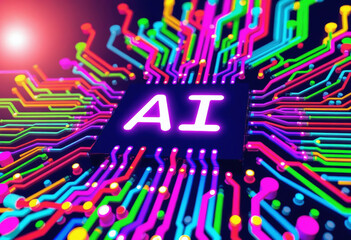 Poster - AI word on microchip and colorful light spread with strong beam , AI concept