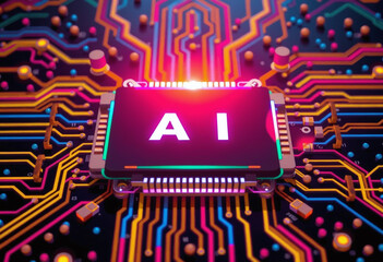 Poster - AI word on microchip and colorful light spread with strong beam , AI concept