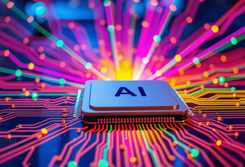 Poster - AI word on microchip and colorful light spread with strong beam , AI concept