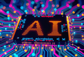 Poster - AI word on microchip and colorful light spread with strong beam , AI concept