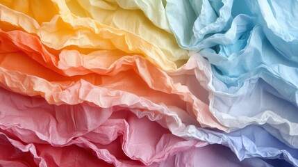 This vibrant image features a collection of crumpled fabric pieces in various shades of the rainbow, representing diversity, creativity, and artistic expression in textiles.