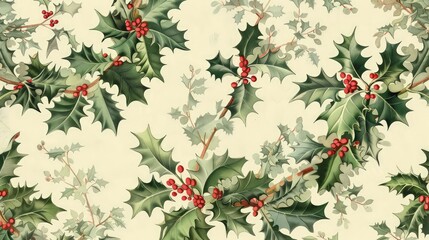 A classic repeating pattern featuring vintage illustrations of ivy and holly, detailed in muted green and red, perfect for festive or traditional decor.