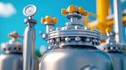 Close-up of a metallic pressure valve with bright yellow handles against a clear blue sky, showcasing industrial precision and design.