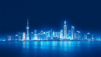 Wall Mural - Xiamen blue tone skyline synthesized by particle lines isolated with white highlights, png