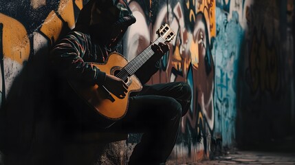 A young man sits against a graffiti wall, playing a guitar.