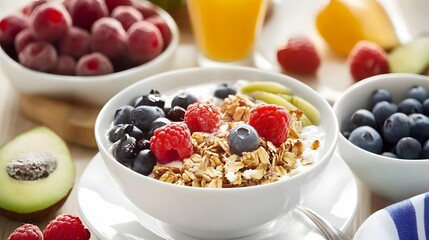 Wall Mural - A bowl of granola with milk, berries, and kiwi for a healthy breakfast.