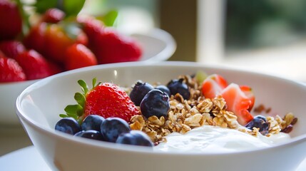 Wall Mural - A bowl of yogurt with granola, blueberries, and strawberries.