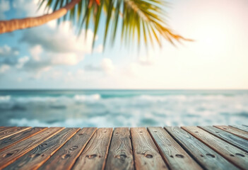 Wall Mural - Top of wood table with seascape and palm tree, blur bokeh light of calm sea and sky at tropical beach background