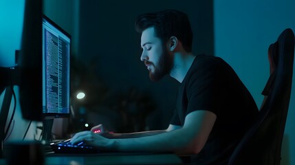 A young man sits at his computer in a dimly lit room, working late into the night.