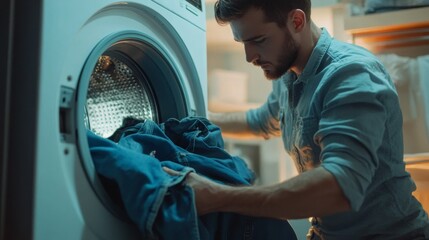 young man sorts laundry before washing near washing machine, close-up, realistic photo, banner, background.