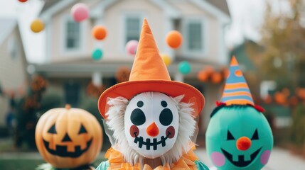 Wall Mural - A group of neighbors in festive Halloween costumes, posing together in a residential neighborhood decorated for the holiday. Their costumes contribute to the lively and spirited atmosphere.