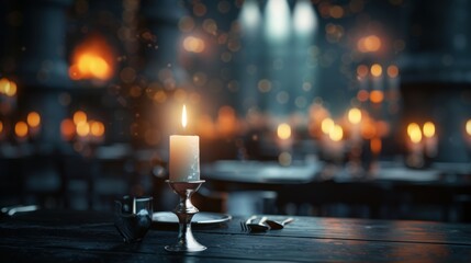 A spooky dining room in a haunted mansion, set with macabre decor including dimly lit candles, antique silverware, and ghostly reflections in the mirrors.