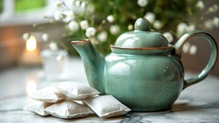 Wall Mural - A Green Teapot And Teabags Leaning On It