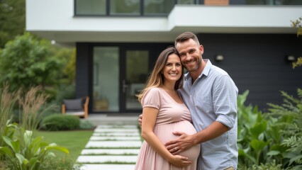 a delighted couple celebrates their pregnancy in their garden