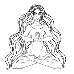 Wall Mural - Chakra concept. Girl sitting in lotus position over black and white ornate mandala. Vector ornate decorative illustration isolated on white. Buddhism esoteric motifs. Coloring book. Tattoo, spiritual