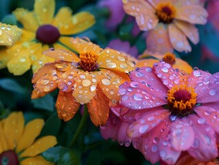 Vibrant Rain Soaked Flowers Glistening in a Lush Garden