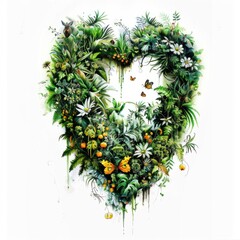 Wall Mural - Heart-Shaped Botanical Design with Butterflies. Generative ai.