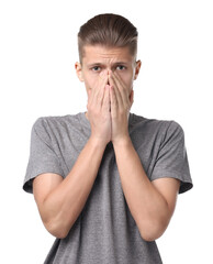 Canvas Print - Young man suffering from sinusitis on white background