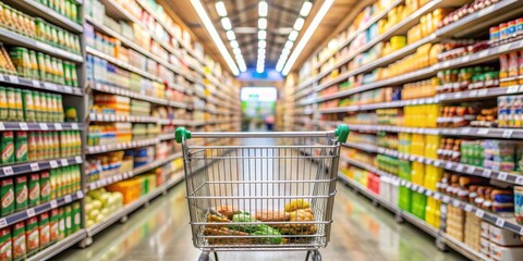 Shopping Cart in Aisle with Produce, grocery store, supermarket, shopping, consumerism