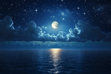 Romantic Moon With Clouds And Starry Sky Over Sparkling Blue Water, ai