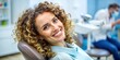 © BrilliantPixels - Smiling Woman with Curly Hair in a Dentist's Chair, Portrait, Dental Care, White Teeth, Happy Patient, Dentistry, Health